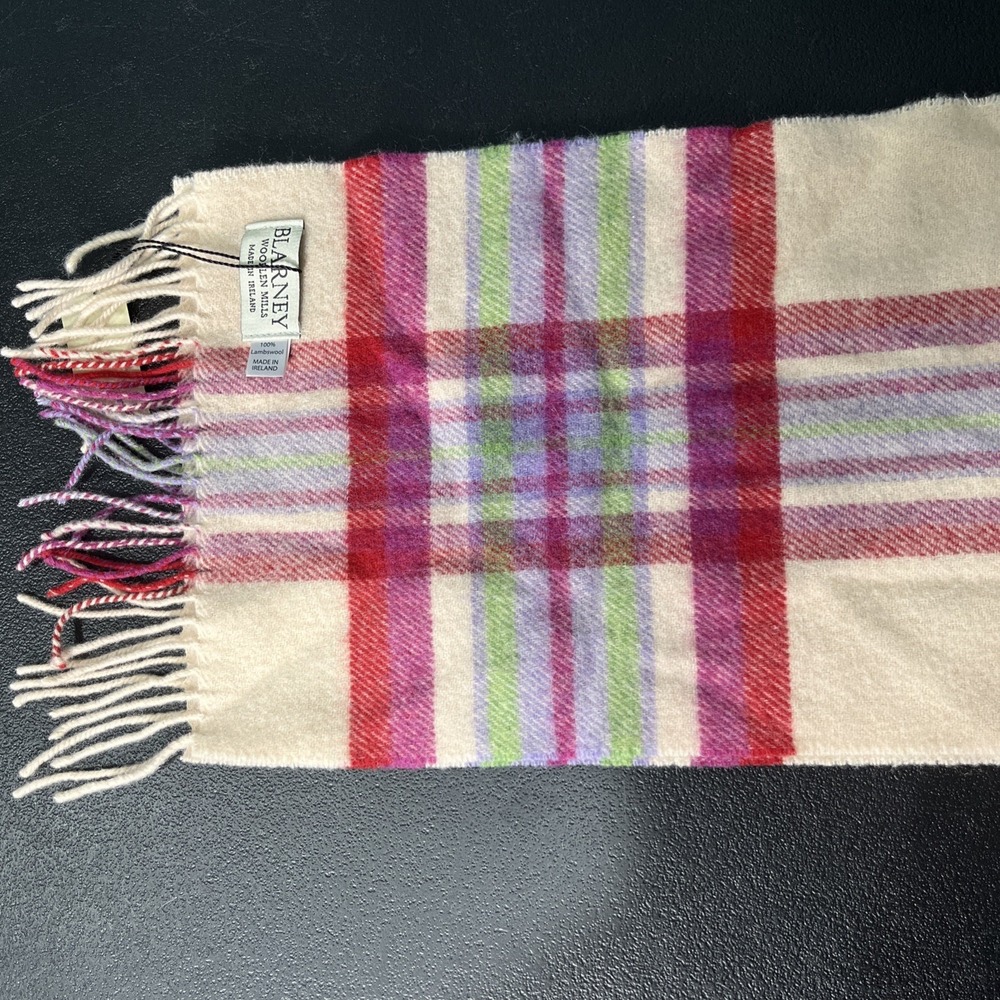 Blarney Woollen Mills Scarf Unisex OS Ivory Plaid 100% Lambswool Made in Ireland - Picture 4 of 5